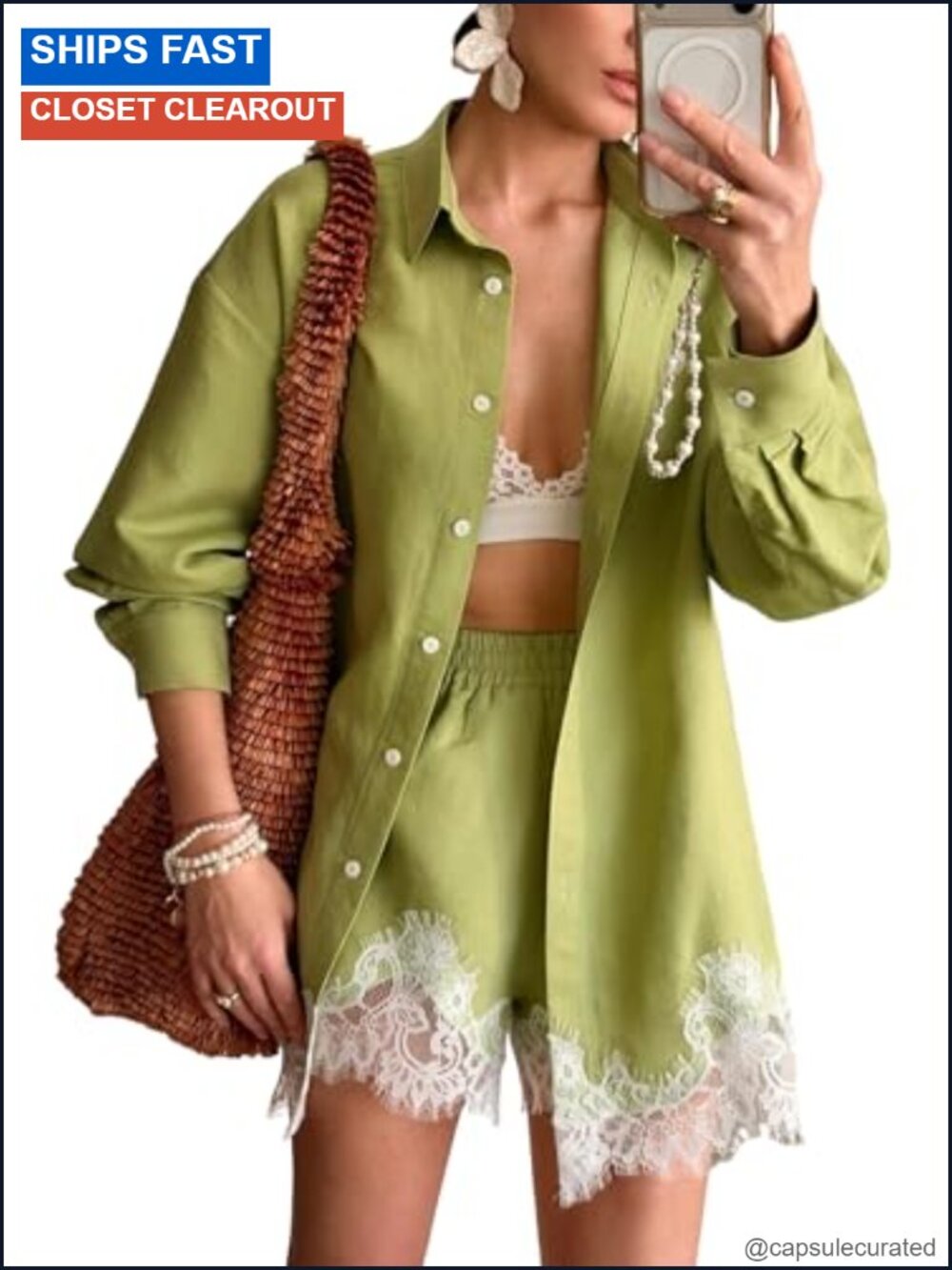 Women's Lace Trim 2 Piece Set Summer Long Sleeve Button Down Shirt Matching